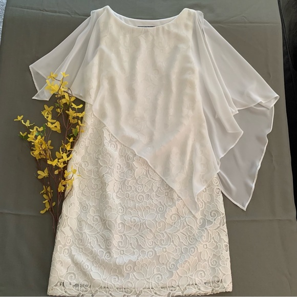 Scarlett white lace sleeveless dress w/attached sheer white chiffon cape.  NWOT. - Picture 3 of 12